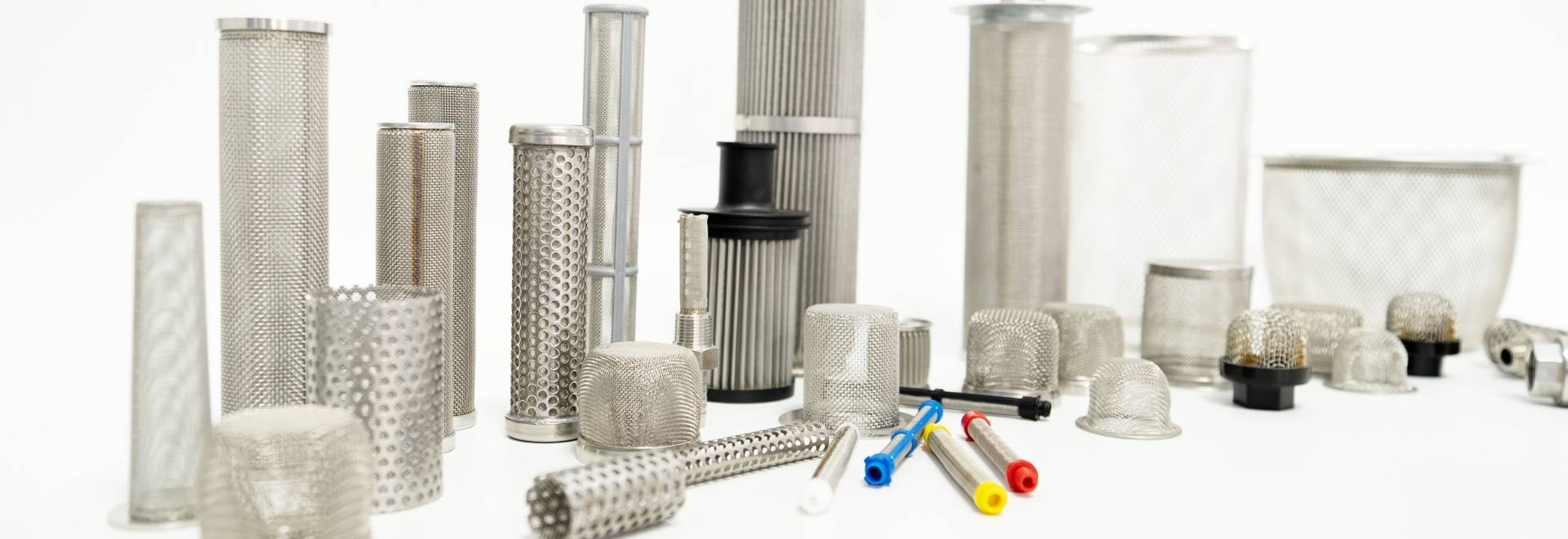Various high quality filter elements and separator screens are displayed.
