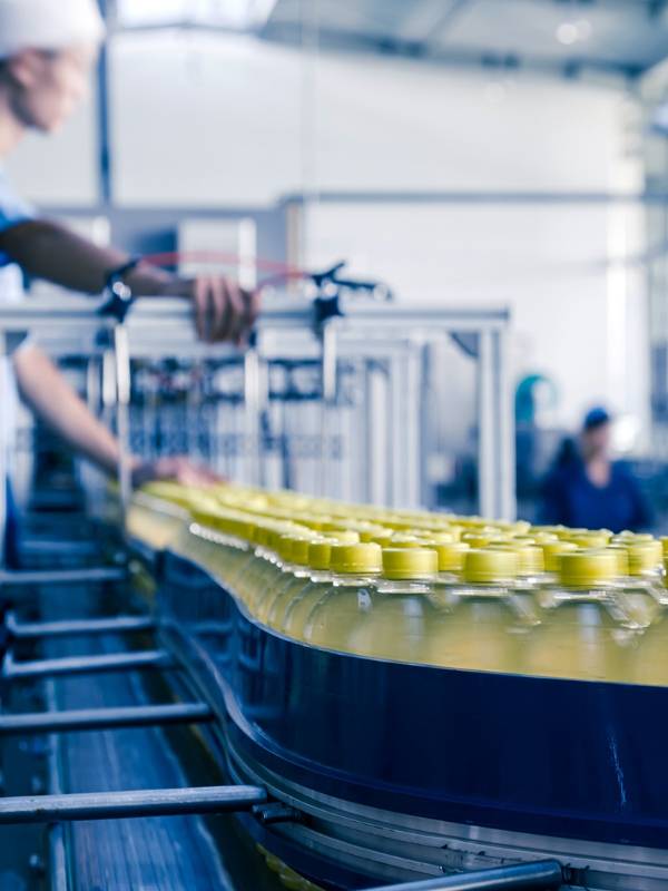 Workers are busy making bottle drinks.