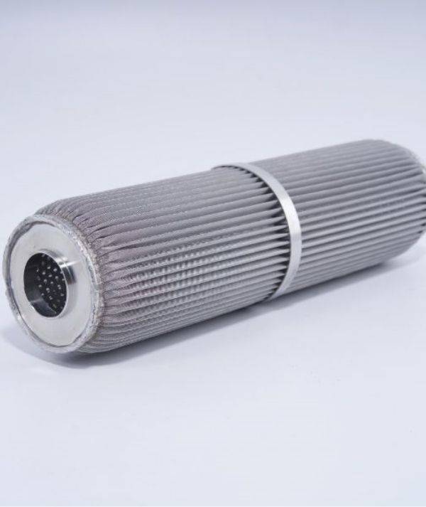 A stainless steel sintered pleated filter cartridge is displayed.