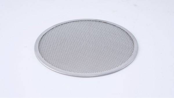 A stainless steel woven mesh disc is displayed.